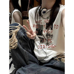 TB0975-P25 美式复古甜酷女生穿搭 春夏季宽松纯棉印花无袖背心女图片