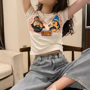 T0040-P35 短款美式复古印花短袖T恤女夏季新款少女修身显瘦上衣图片