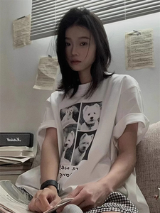 T0929-P25 韩系简约风新款卡通狗狗设计感小众印花显瘦宽松短袖T图片