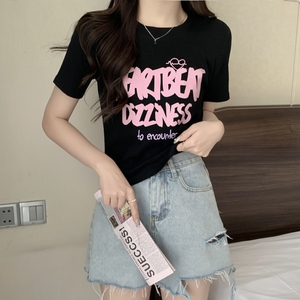 T0376-P25甜妹减龄粉红字母设计短袖T恤女纯棉图片