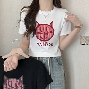 T0080-P35 趣味减龄卡通猫咪印花T 辣妹短款短袖T恤女修身图片