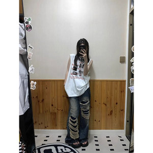 TB0975-P25 美式复古甜酷女生穿搭 春夏季宽松纯棉印花无袖背心女图片