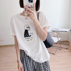 T0310-P25 夏装短袖T恤女 简约手绘卡通印花纯棉宽松T图片