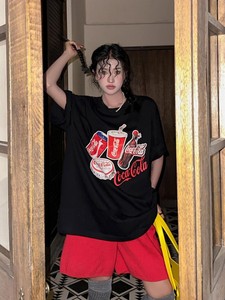 T0222-P25 春夏新款韩版美式复古可乐 印花宽松短袖T恤女休闲图片
