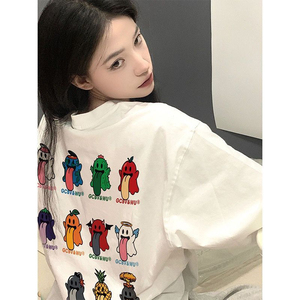 T0253-P25 2025年夏宽松上衣 趣味卡通印花纯棉短袖T恤女图片