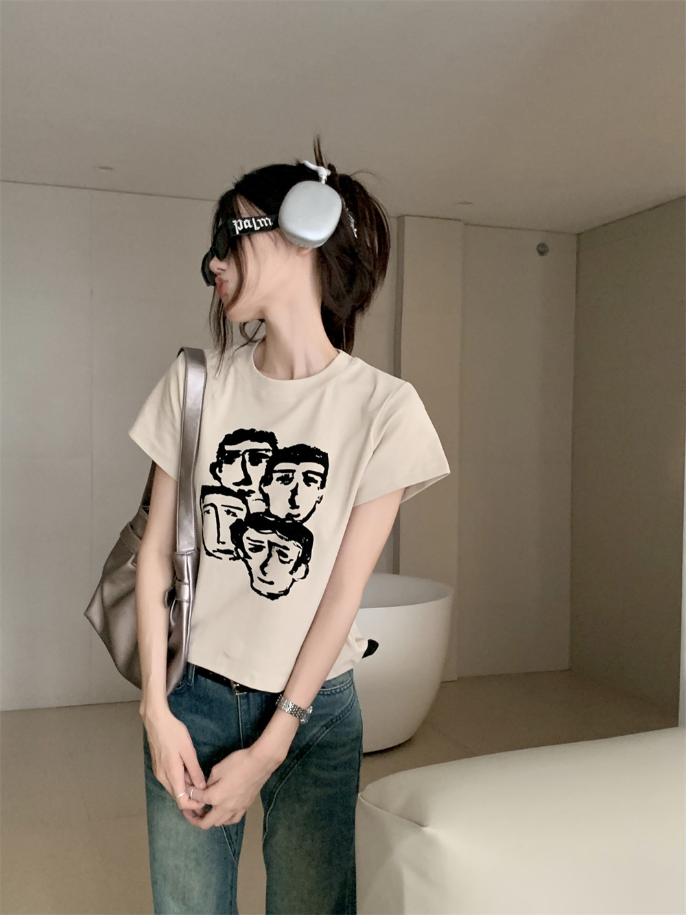 T0366-P30美式复古人像印花短款套头正肩显瘦百搭针织短袖T恤,女装T恤,星座617A-2