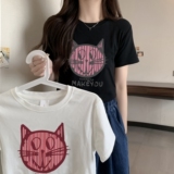 T0080-P35趣味减龄卡通猫咪印花T辣妹短款短袖T恤女修身，女装T恤，星座617A-2