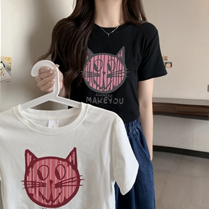 T0080-P35 趣味减龄卡通猫咪印花T 辣妹短款短袖T恤女修身图片