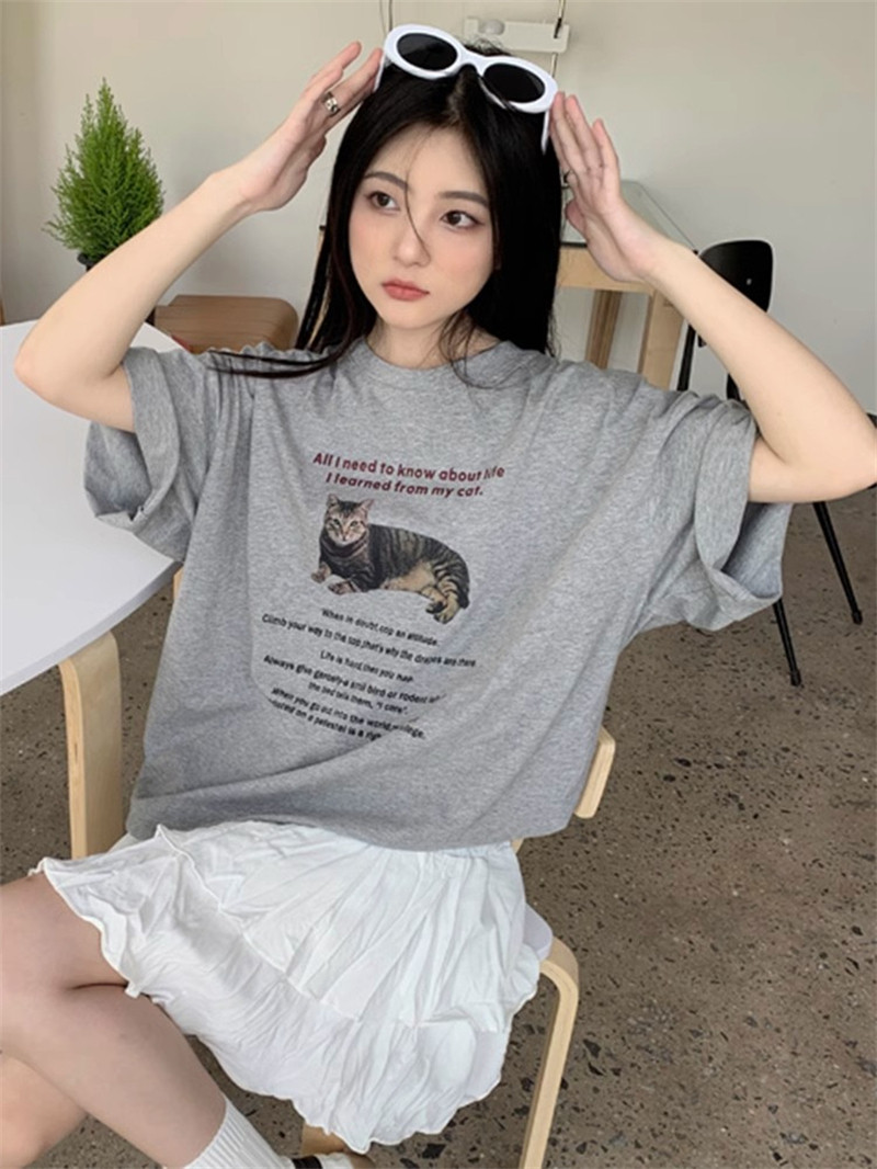 T0331-P252025夏季新款慵懒风卡通猫咪印花短袖T恤潮,女装T恤,星座617A-2