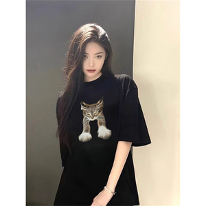 T0272-P25 趣味猫咪印花 24春夏抖音  新款纯棉短袖T恤潮图片