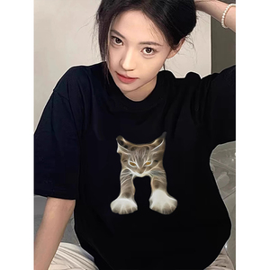 T0272-P25 趣味猫咪印花 24春夏抖音  新款纯棉短袖T恤潮图片
