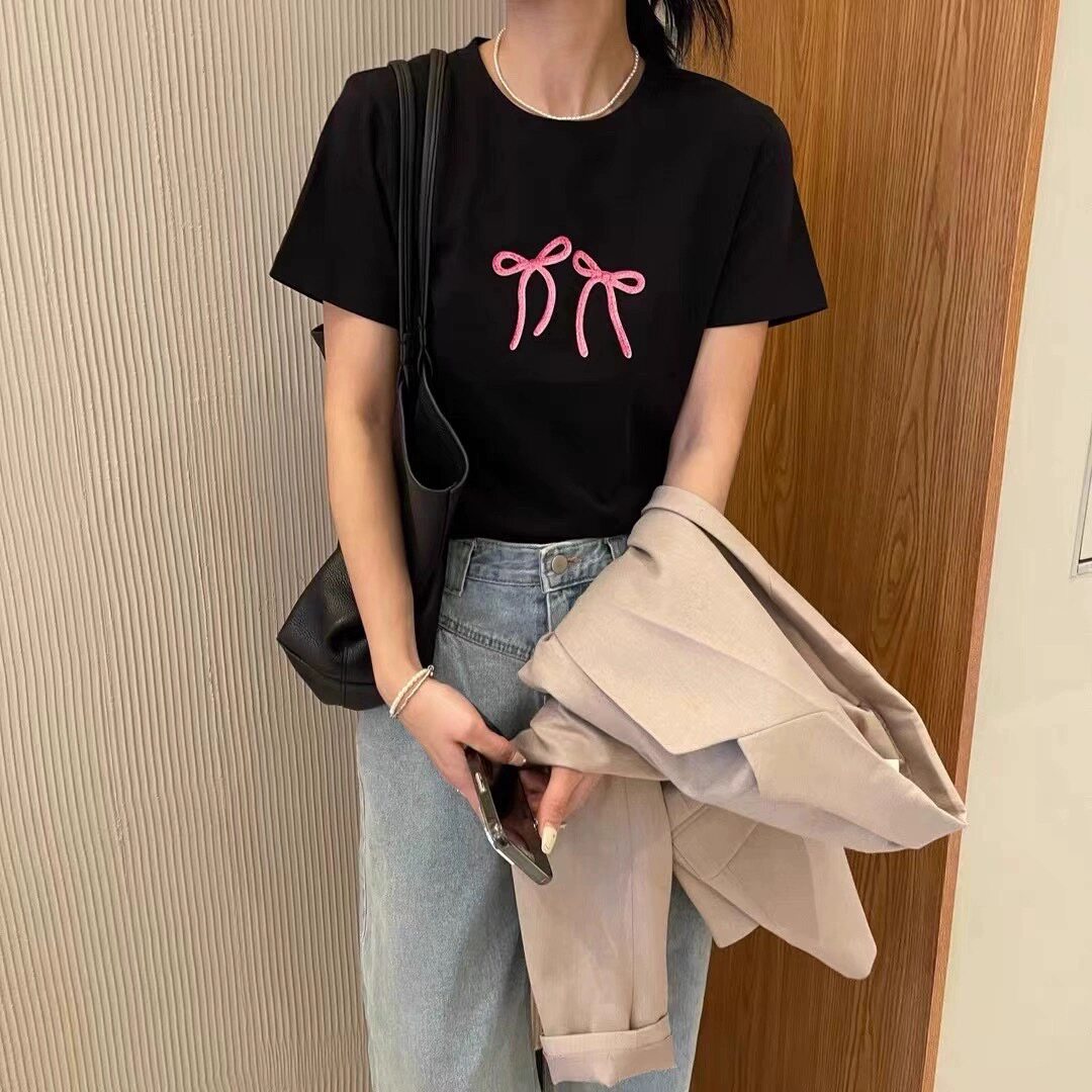 T0274-P25  春夏宽松正肩印花短袖T恤 可爱减龄蝴蝶结印花图片