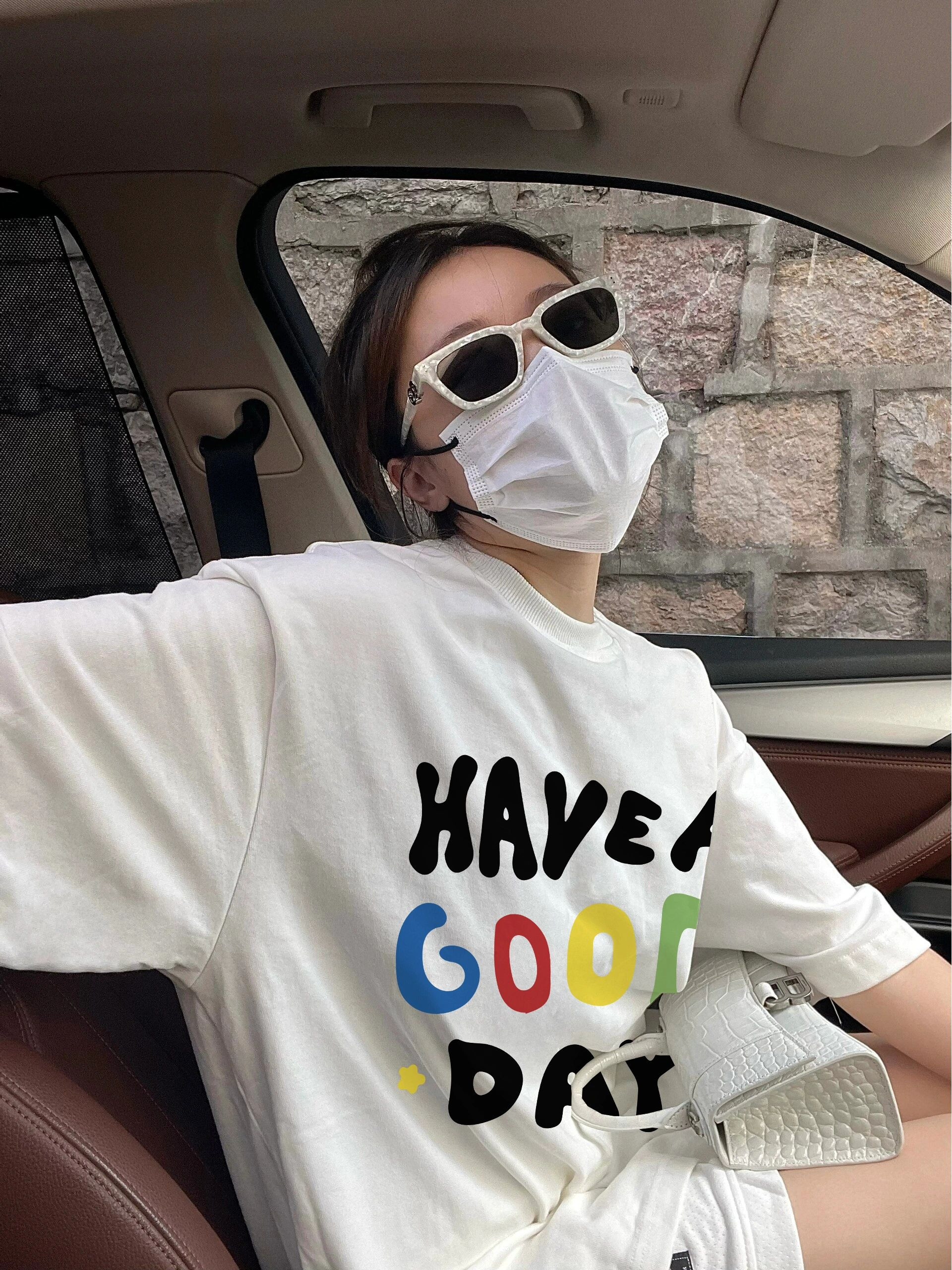 T034-P25 100%棉直播同品前印花宽松短袖t恤女图片