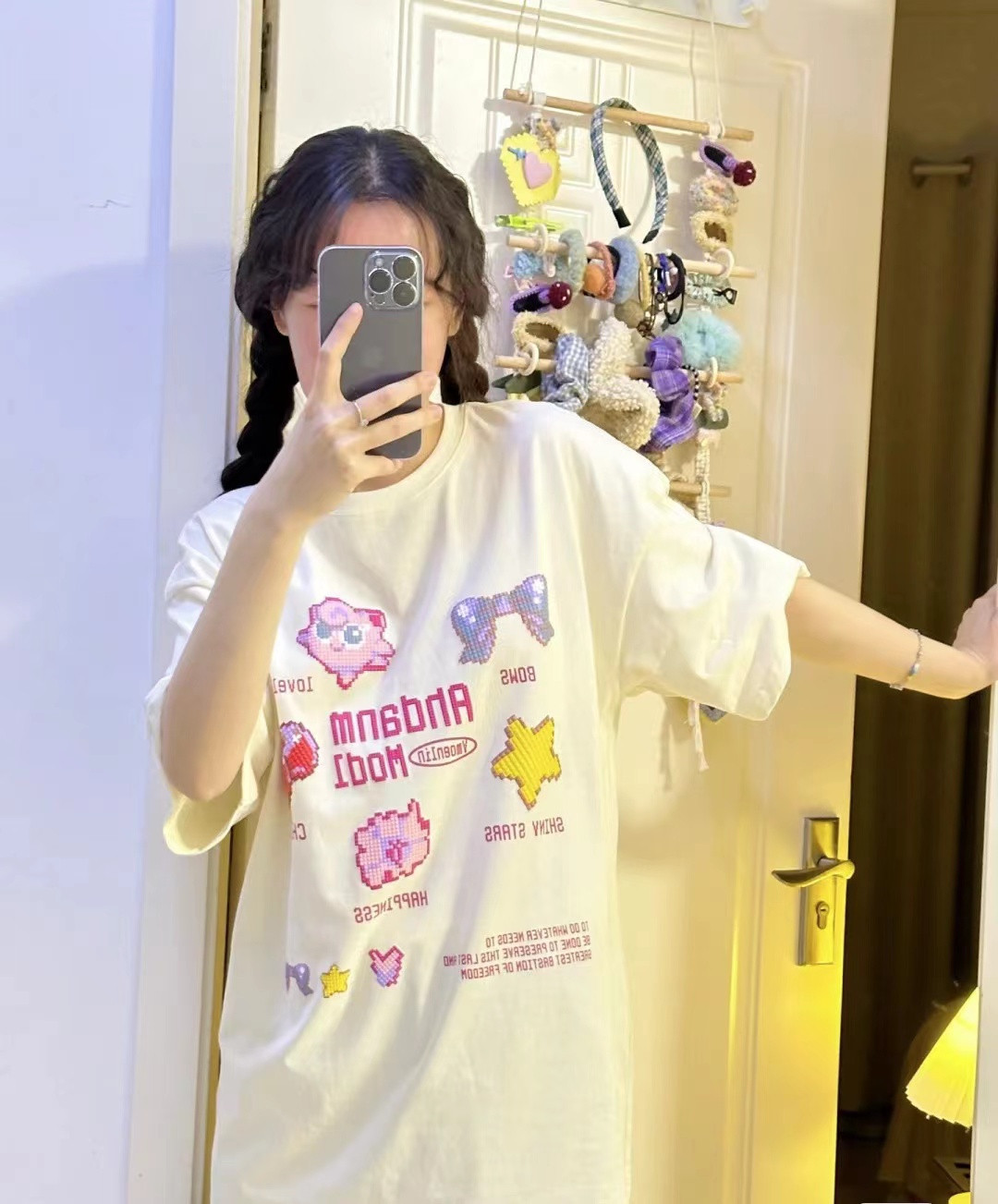 M366-P30 童趣可爱像素印花纯棉T 杏色显白短袖t恤图片