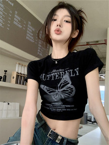 T00948-P35 辣妹蝴蝶印花 纯棉短款短袖圆领T恤图片