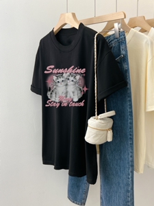 T0390-P30 甜妹减龄穿搭 春夏新款猫咪印花纯棉短袖T恤女宽松韩版图片