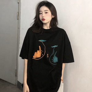 T0252-P25 新款简约写意艺术印花纯棉短袖T恤女2025年夏宽松上衣图片