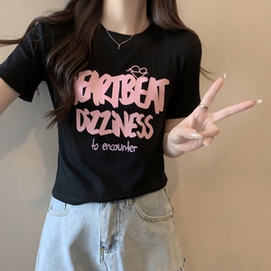T0376-P25甜妹减龄粉红字母设计短袖T恤女纯棉图片