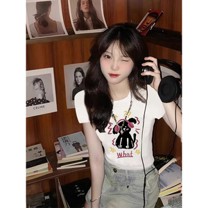 T0066-P35 短款修身短袖T恤女夏 爱音乐的狗狗纯棉印花T图片