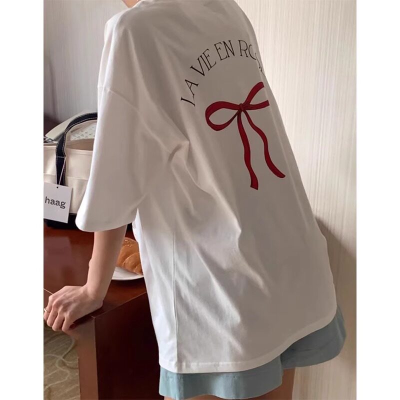 T0307-P25夏季慵懒纯棉蝴蝶结印花设计感小众宽松大码短袖T…,男装T恤,星座617A-2