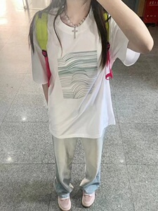 T0171-P25 简约线条设计纯棉前印花短袖t恤  男女款宽松版图片
