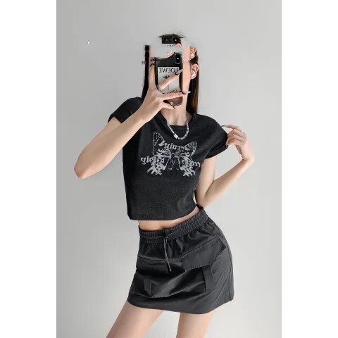 T00989-P35蝴蝶辣妹印花短袖t恤女夏季复古修身短款露脐正肩,女装T恤,星座617A-2