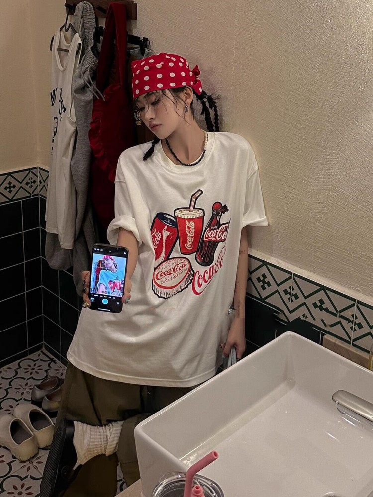 T0222-P25春夏新款韩版美式复古可乐印花宽松短袖T恤女休闲,女装T恤,星座617A-2