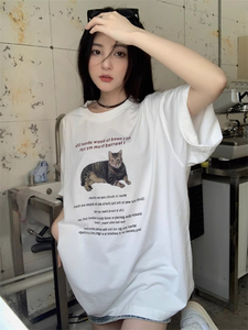 T0331-P25 2025夏季新款慵懒风卡通猫咪印花短袖T恤潮图片