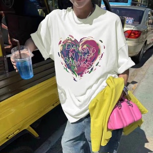T0225-P25 网红情侣装爱心短袖T恤 24新款潮牌高级感宽松百搭上衣图片