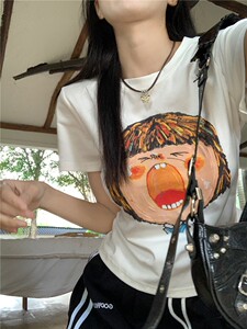 T0033-P35 卡通印花短袖T恤女夏季 修身显瘦短款白色百搭上衣ins图片
