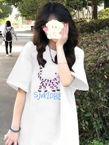 T0243-P25 100%纯棉 气质紫色短袖t恤女 趣味卡通印花圆领短袖图片