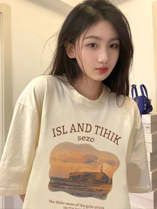 T0325-P25 杏色学生短袖t恤女温柔风夏季印花韩版宽松上衣图片