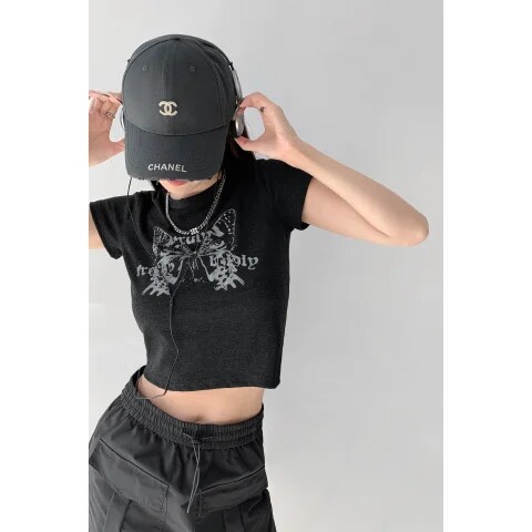 T00989-P35蝴蝶辣妹印花短袖t恤女夏季复古修身短款露脐正肩,女装T恤,星座617A-2