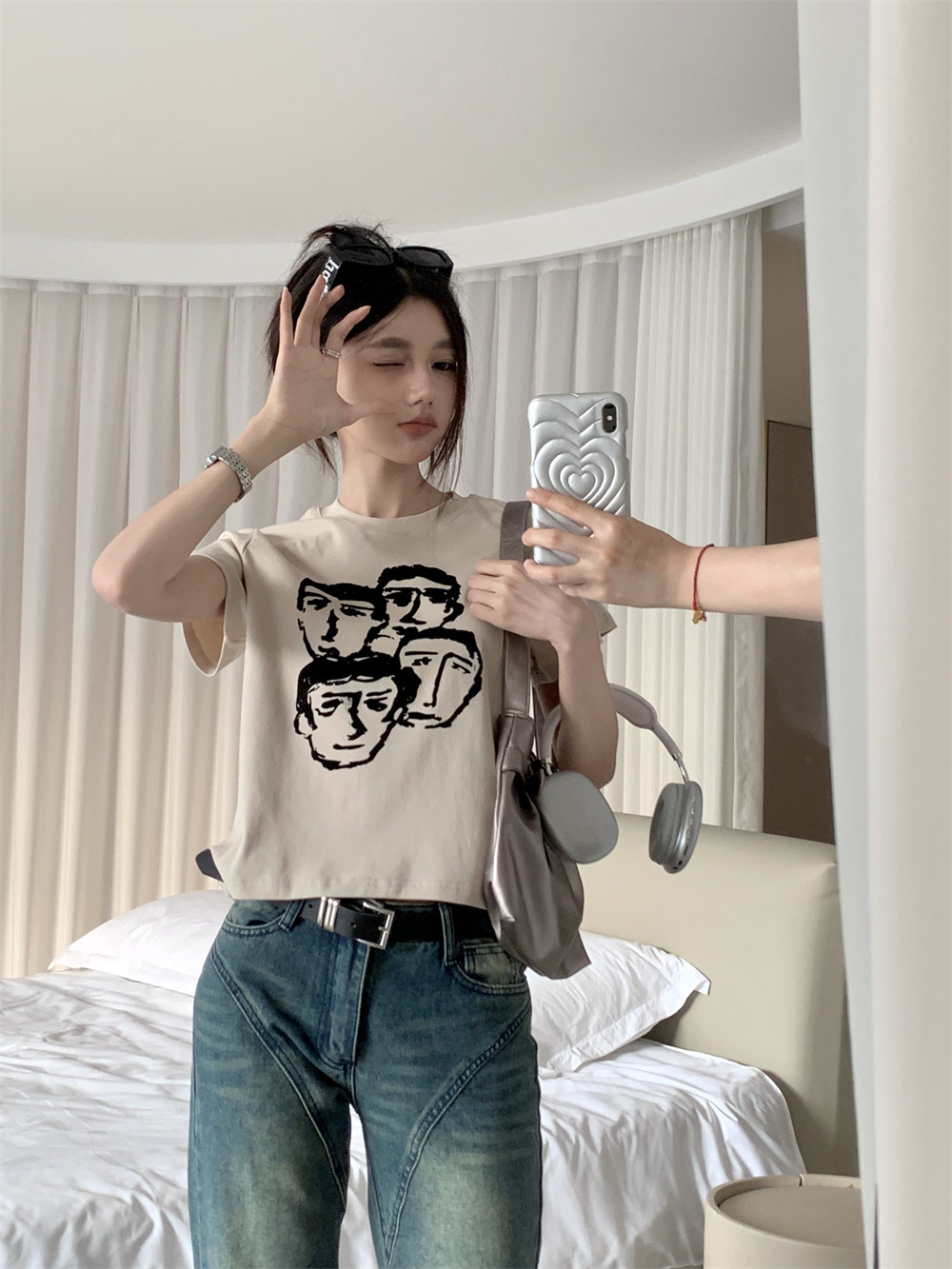T0366-P30美式复古人像印花短款套头正肩显瘦百搭针织短袖T恤,女装T恤,星座617A-2