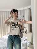 T0366-P30美式复古人像印花短款套头正肩显瘦百搭针织短袖T恤，女装T恤，星座617A-2