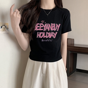 T0019-P35 美式复古粉红字母 印花纯棉T 甜妹短款短袖T恤女修身图片