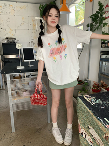 T0313-P25 春日小花个性趣味印花纯棉T夏装短袖T恤女图片