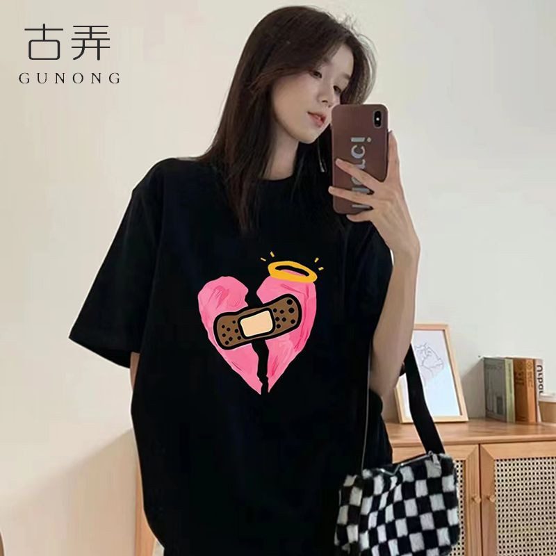 T0326-P25爱心设计感印花i圆领夏季上衣T恤百搭宽松型简约短袖,女装T恤,星座617A-2
