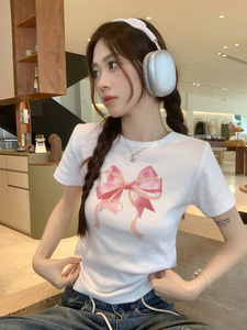 T0042-P35 小众蝴蝶结印花短袖T恤 夏季短款修身chic甜辣小上衣图片