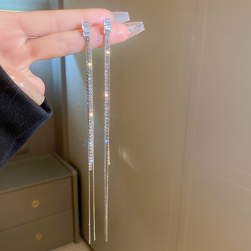 银针超闪锆石镶钻耳环法式轻奢气质长款流苏耳坠时尚小众个性耳饰