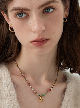 时尚精致彩色多巴胺小象吊坠项链配饰女轻奢小众高级感串珠锁骨链