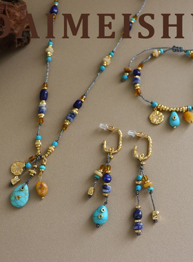 长款复古民族风精致黄玉松石毛衣项链女轻奢小众高级感编绳毛衣链