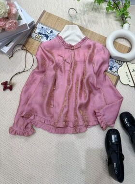 2026早春款新中式国风真丝提花荷叶边盘扣长袖衬衫115012