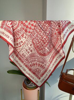 新款红色65中方巾100桑蚕丝素绉缎丝滑丝巾女字母马车咖色