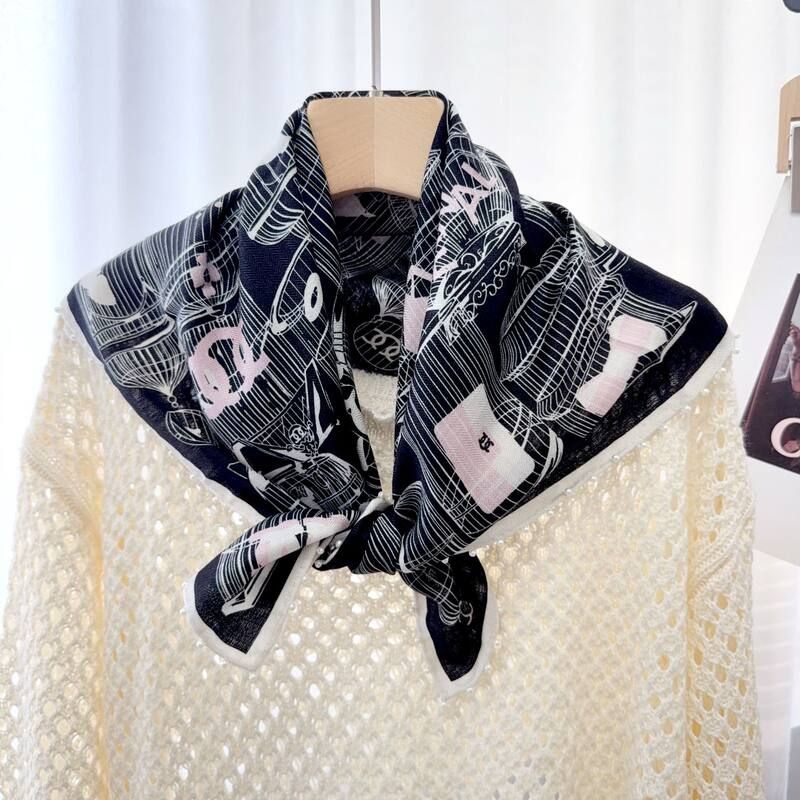 气质黑色丝羊毛鸟笼图案复古时尚轻奢质感丝毛方巾领巾秋冬小披肩