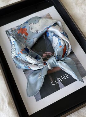 蓝色豹子真丝53cm小方巾女夏季新品薄款桑蚕丝印花护颈小领巾