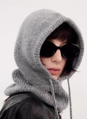 100%羊毛巴拉克拉法帽秋冬季保暖护耳套头针织毛线围巾帽子一体帽