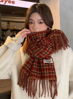 圣诞红色格子围巾韩系情侣百搭时尚保暖披肩氛围感加厚流苏围脖女