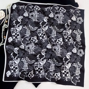 蕾丝青花中国风真丝素缎53cm小方巾女春秋桑蚕丝装饰百搭丝巾头巾