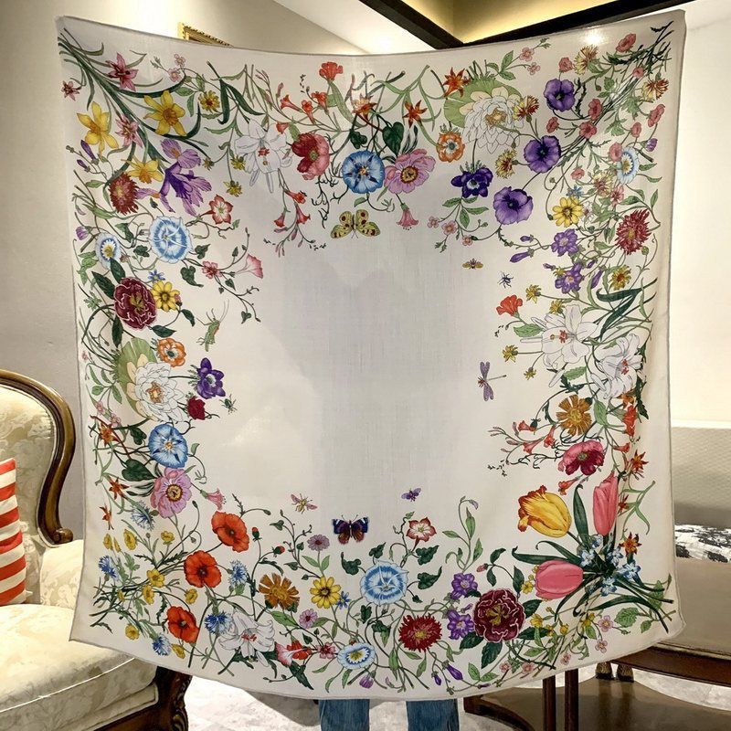 【繁花集】新款百搭双面同色印花真丝羊毛围巾保暖披肩丝毛大方巾